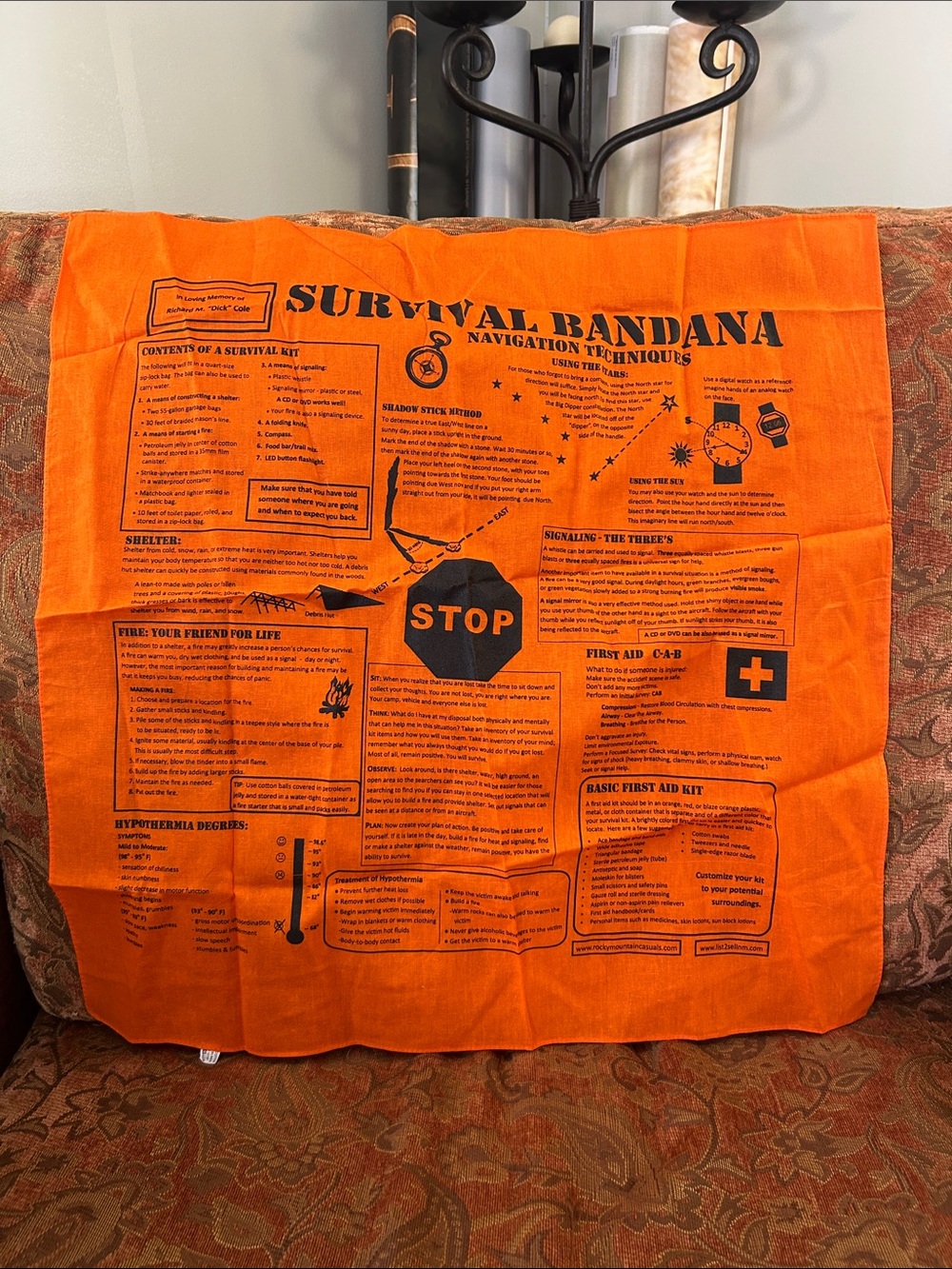 Survival Bandana Printed Navigation & First Aid Tips - Orange Hunting/Hiking New
